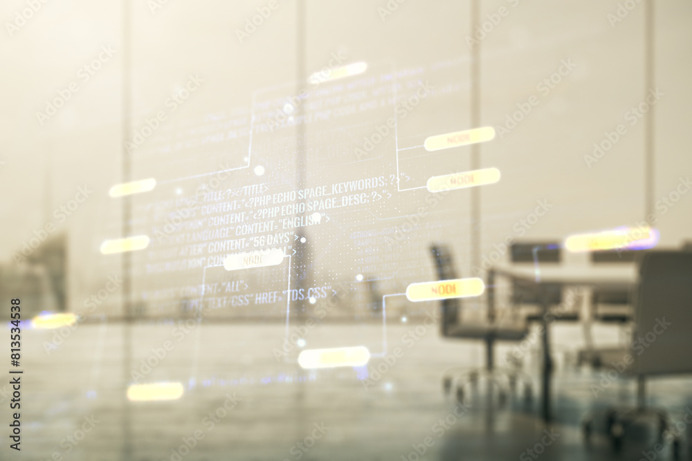 Poster Abstract virtual coding illustration on a modern coworking room background, software development concept. Multiexposure