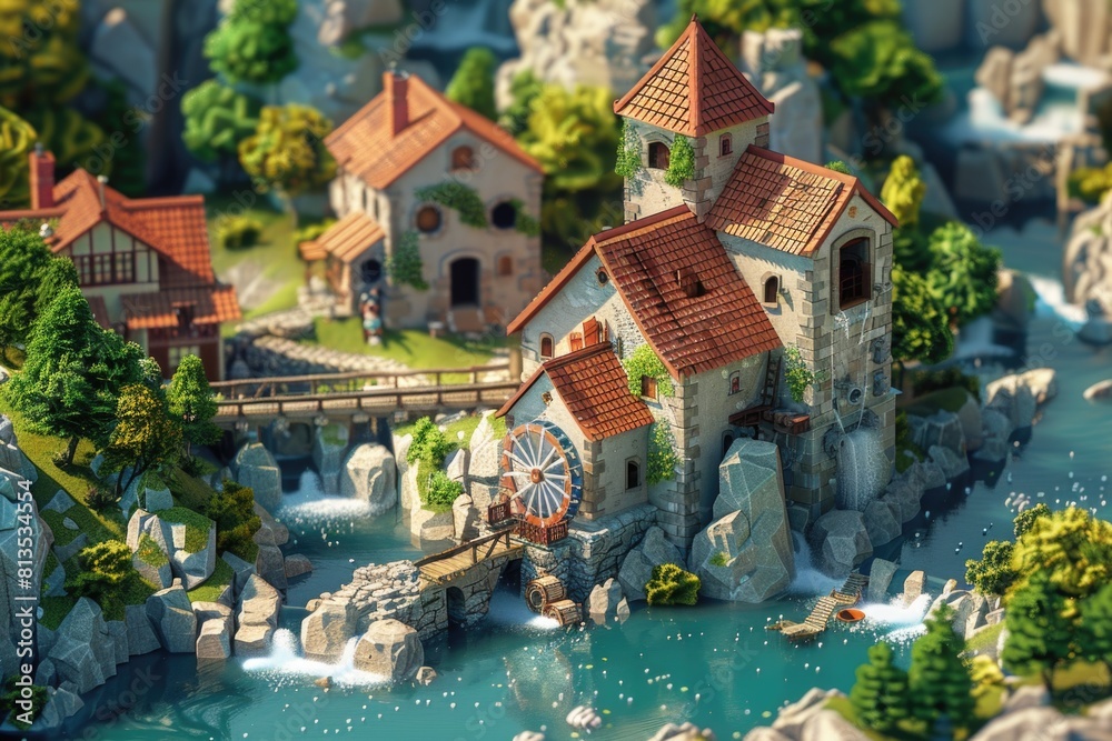 Poster A miniature model of a small town with a river running through it. Suitable for architectural design projects