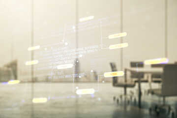 Abstract virtual coding illustration on a modern coworking room background, software development...