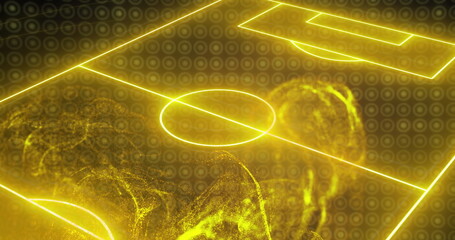 Image of yellow glowing digital wave over neon football pitch layout against black background