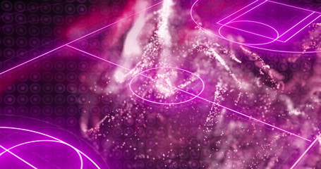 Image of red digital wave over neon purple football pitch layout against black background
