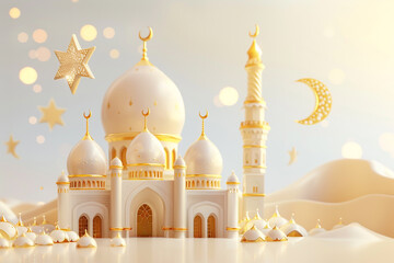 Obraz premium 3d illustration of a mosque with golden moon and stars ornament 