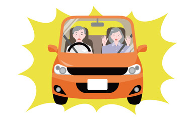 シニア夫婦の乗るオレンジの自動車が危険運転・事故に遭うイラスト_危険な高齢者運転イメージ