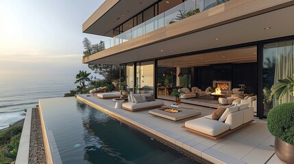 Fototapeta premium Modern luxury mansion with outdoor fireplace overlooking the ocean at sunset, large open living room with white sofa and glass walls looking out to the infinity pool. Generative AI.
