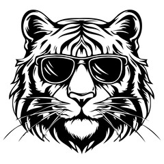 cool Tiger wearing sunglass black silhouette logo svg vector, Tiger icon illustration