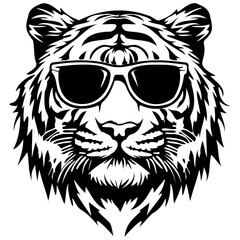 Obraz premium cool Tiger wearing sunglass black silhouette logo svg vector, Tiger icon illustration