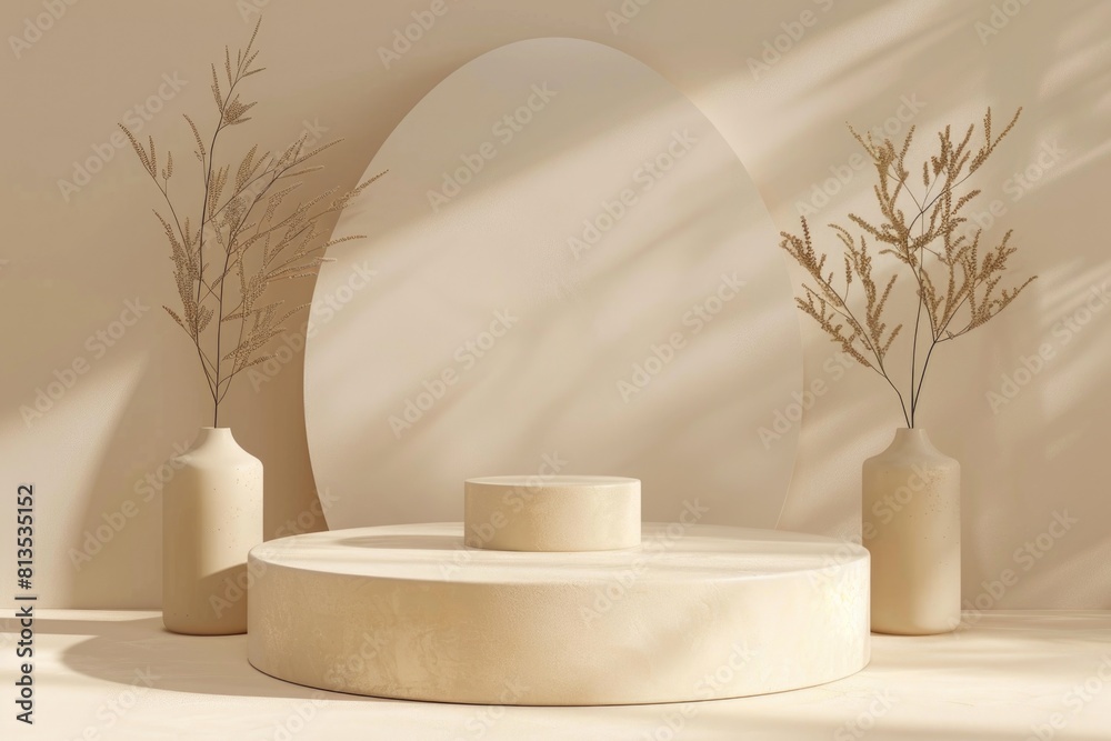 Poster a simple setup with white table, vases, and mirror. perfect for interior design projects