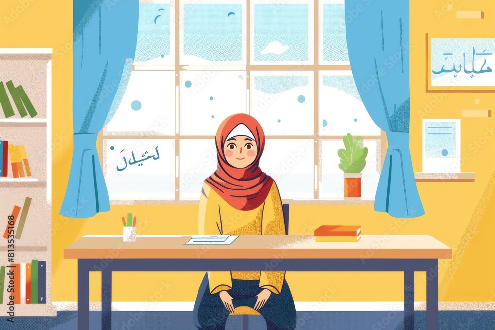 Poster a woman sitting at a desk in front of a window. suitable for office or work-related concepts