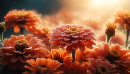 An image of Orange King Zinnia flowers covered with dewdrops