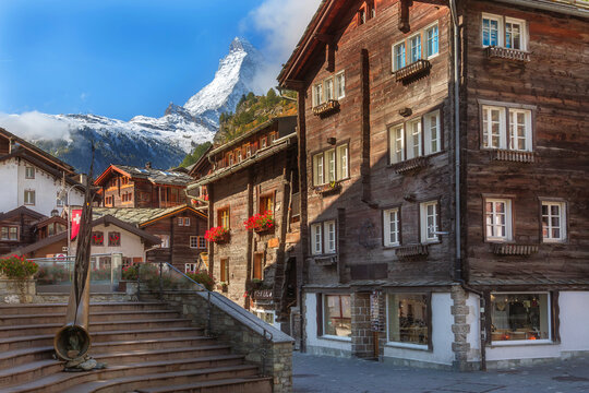 Zermatt, Switzerland street view and Matterhorn