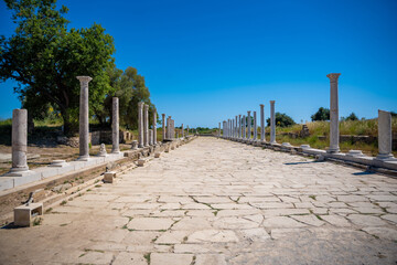 Ruins of Agora, ancient city in Side in sunny summer day, Turkey