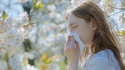 Young girl blowing her nose with blooming tree in background. Suitable for health and nature concepts