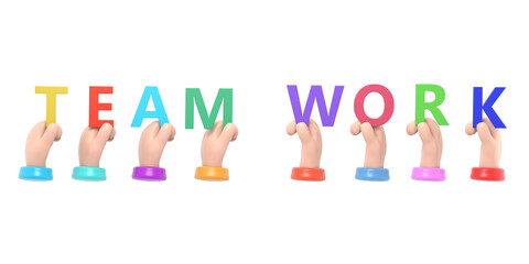 Transparent Backgrounds Mock-up.Hands hold the letters with the word teamwork.3D illustration in hand drawn flat style.Supports PNG files with transparent backgrounds.