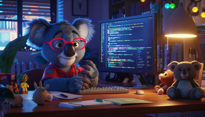 Cute animated koala coding on computer in a cozy room setting, educational and technology concept
