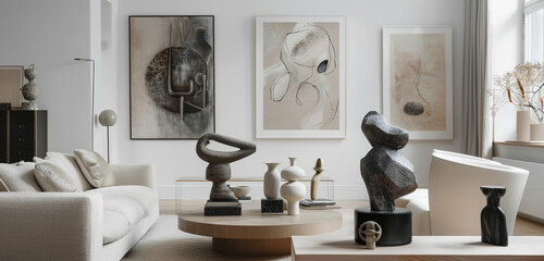 Modern Scandinavian living room with a focus on art and culture, featuring elegant sculptures and a subtle color palette.