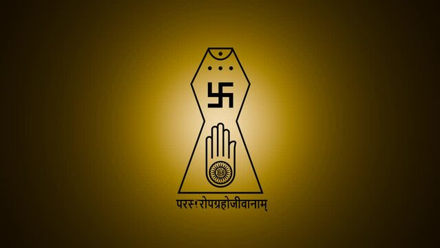 3D render of the Jain Prateek Chihna with a dark background. The Jain symbol, featuring the swastika and hand with a wheel, emerges from the darkness, representing non-violence.

