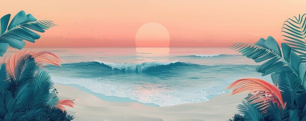 The setting sun casts a golden glow over the ocean waves in this beautiful beach scene.