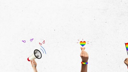 Stop motion. Animation. Group of diverse hands holding rainbow flag and megaphone symbols of pride and social movement. Concept of human rights, freedom, love diversity celebration. Ad
