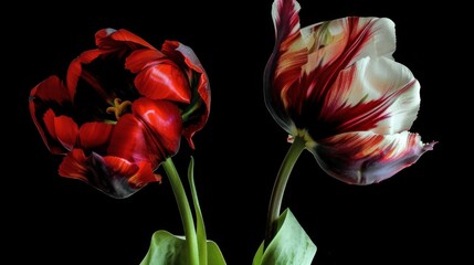 Two vibrant tulips in red and white colors stand out against a dark black background
