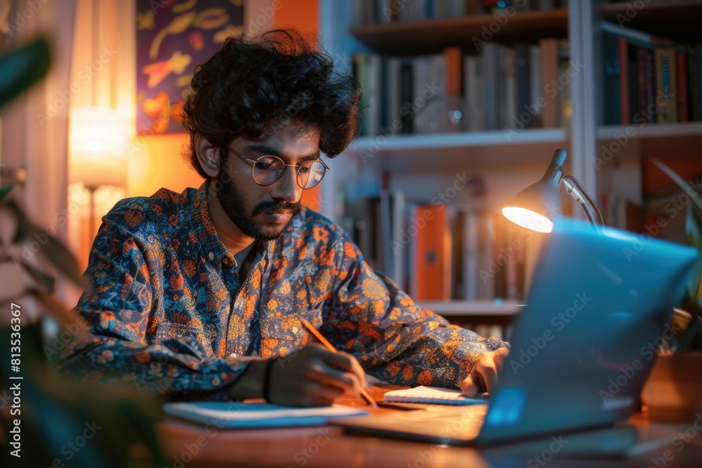 Poster A man sitting at a table working on a laptop. Ideal for business and technology concepts