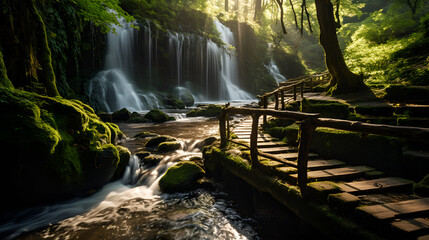 A majestic waterfall in a lush, green jungle