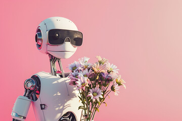 Surreal futuristic steel robot character in oversized glasses holding bouquet of flowers on minimal...
