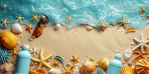 Detailed top-down view of beach scene with waves, sunblock, and seashells, suitable for articles on beach vacations and relaxation.