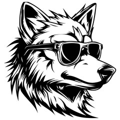 cool Wolf wearing sunglass black silhouette logo svg vector, Wolf icon illustration