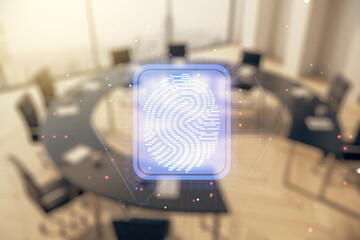 Abstract virtual fingerprint hologram on a modern conference room background. Multiexposure