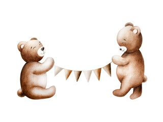 Cartoon teddy bears with birthday garland of brown and beige flags. Hand drawn triangle watercolor...