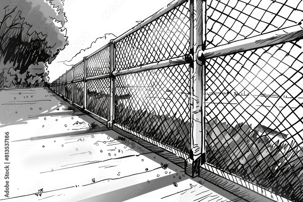 Poster detailed black and white drawing of a chain link fence. suitable for architectural and industrial de