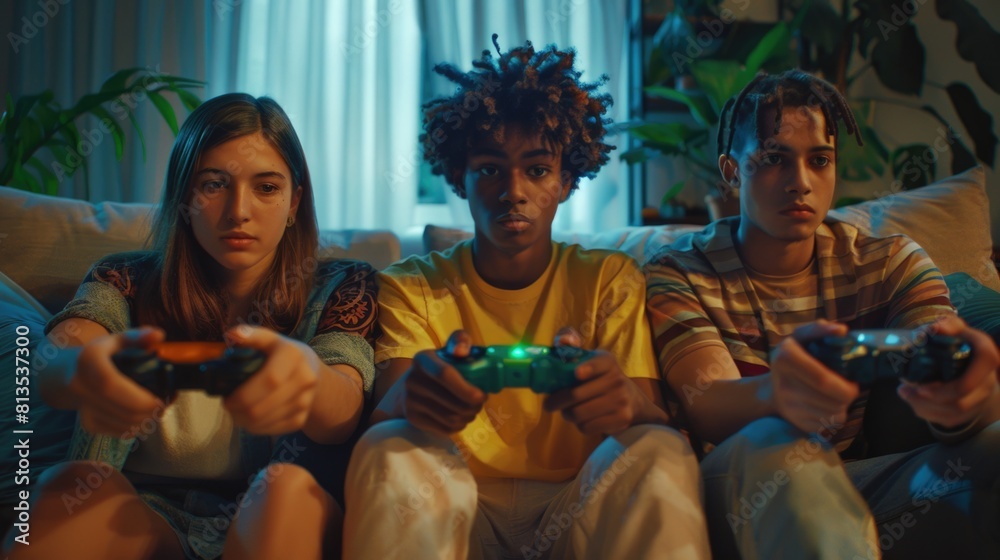 Poster a group of people sitting on a couch holding video game controllers. perfect for gaming or entertain