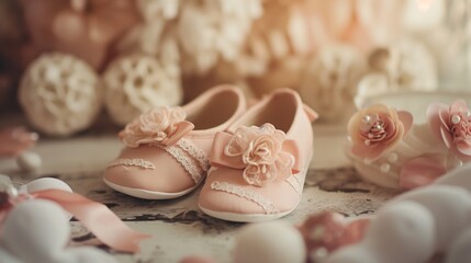 Fototapeta na wymiar pair of adorable baby shoes, other fashion accessories such as hats and hair bows, soft lighting and shallow depth of field to highlight the cute and charming details of children's 