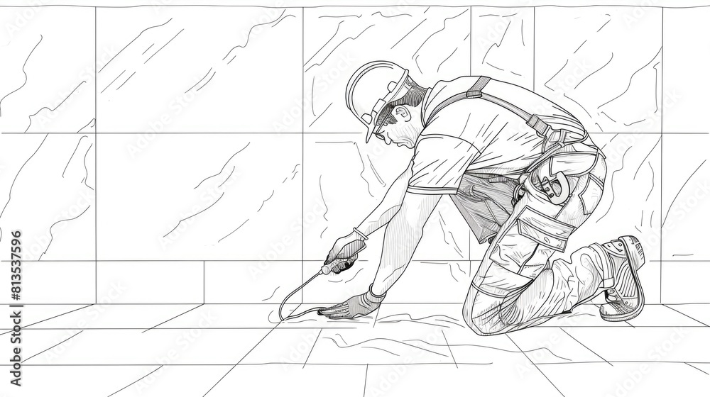 Poster a man kneeling with a tool in his hand, suitable for construction projects