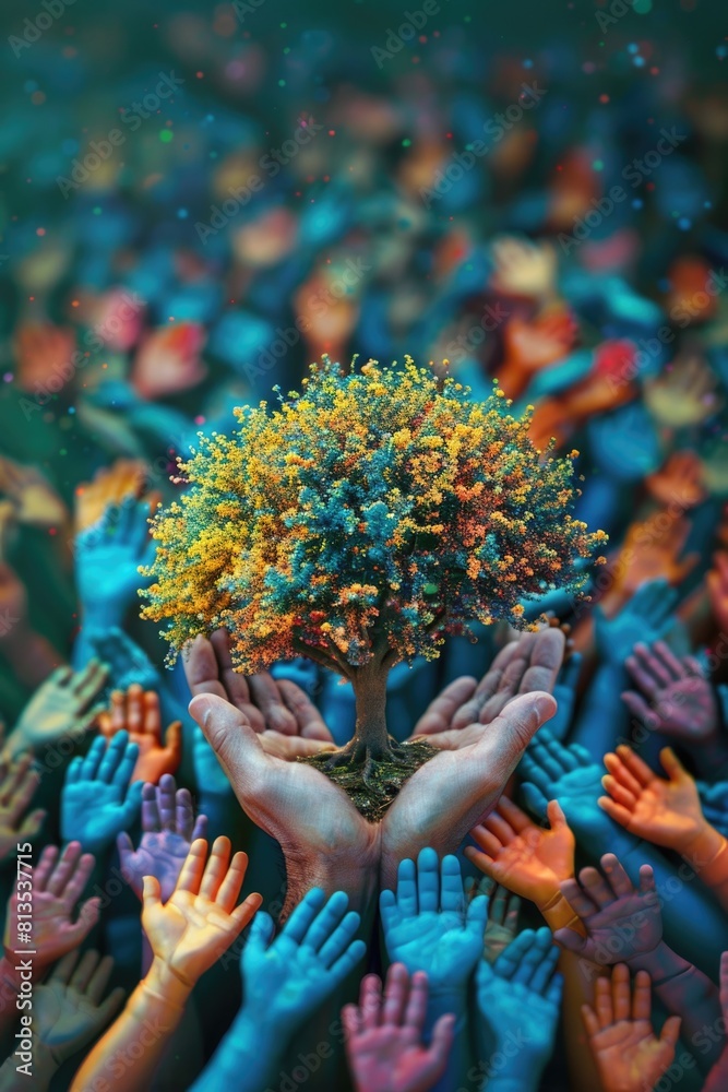 Poster several hands holding a small tree, perfect for environmental concepts