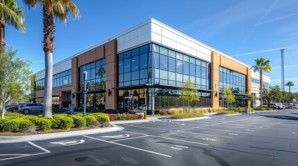 Obraz premium The exterior of a healthcare clinic with a parking lot in front inside of a dense neighborhood shopping area. Generative AI.