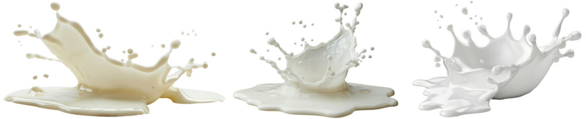 Splashing white milk collection, isolated on a transparent background
