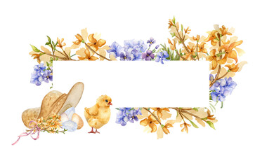 Easter frame with chick and flowers hand drawn. Yellow blossom branches watercolor illustration isolated on white. Border of first spring flowers and Easter eggs. Spring flowers for Easter design