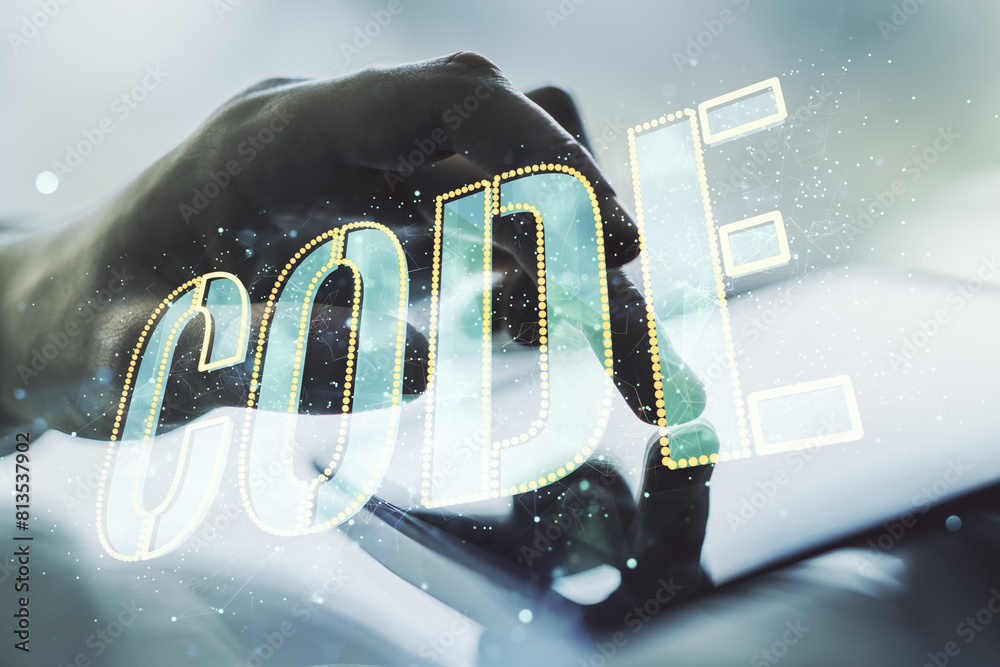 Poster creative code word sign and finger clicks on a digital tablet on background, international software 