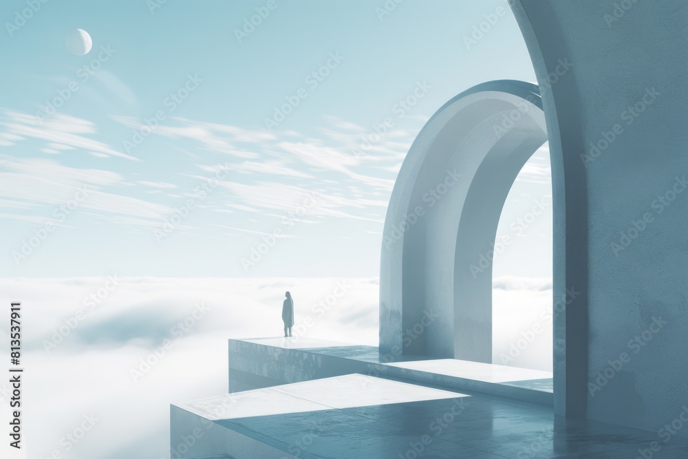 Poster a man standing on top of a white building. suitable for business concepts