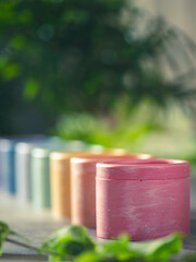 Candles in plaster candlesticks, colors of the 7 chakras, alternative medicine. Energy healing....