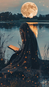 Celestial oracle, flowing robe, adorned with stars, reading ancient scripts under a full moon by a tranquil lake, Photography, Silhouette lighting, Vignette