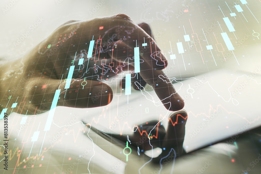 Poster double exposure of abstract creative financial chart with world map and with finger clicks on a digi