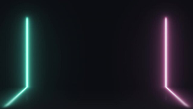 Introduction animation featuring a sleek vertical neon bar, bursting into vibrant turquoise and magenta hues, as it splits into two, with a 3D reflection creating the illusion of a portal opening up.