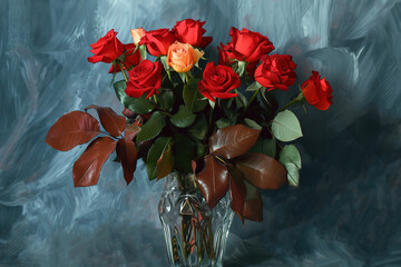 A glass vase of red roses with colorful leave