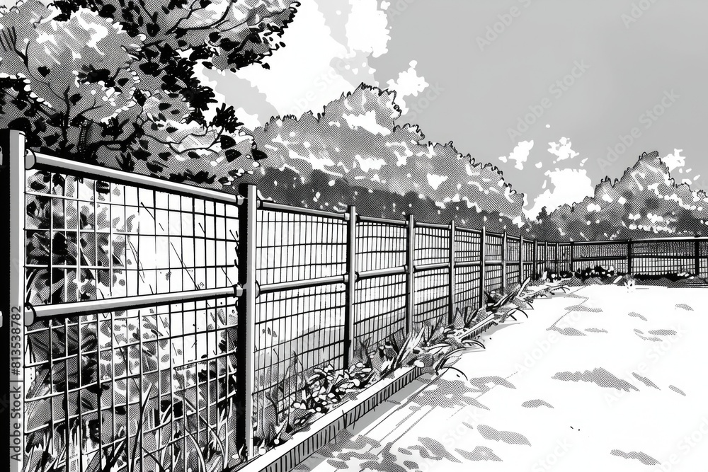 Poster A black and white photo of a fenced in area. Suitable for various projects
