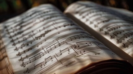 An open book with music sheets spread across it