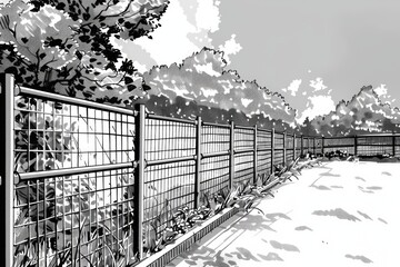 A black and white photo of a fenced in area. Suitable for various projects