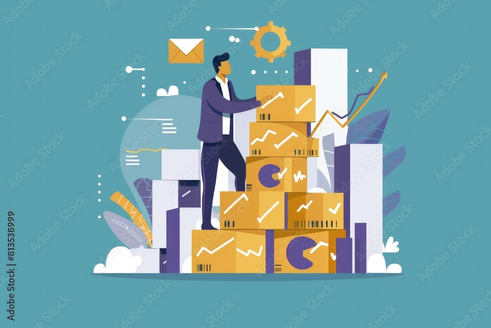 Poster a man standing on a stack of cardboard boxes. suitable for business or warehouse concepts