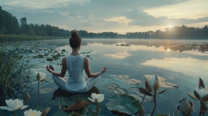 A woman sitting on a rock in the middle of a body of water. Ideal for nature and relaxation concepts